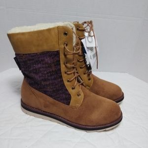 Muk Luks Christy Tan/Purple Faux Suede Faux Sherpa Winter Boots